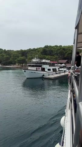 A video shows a body of water with two boats. On the left, a white boat is docked at a pier. Trees and buildings are visible behind the boat on a shore. On the right, another boat is moving away from the camera, creating a wake in the water.