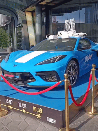 Blue Corvette on display in Tallinn, likely a prize or reveal