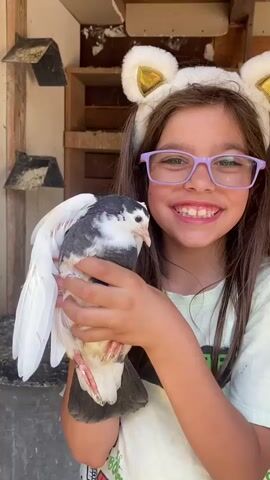 A young girl with long dark hair, wearing purple-framed glasses and a white furry headband with gold cat ears, stands outdoors, smiling at the camera. She holds a black, white, and gray pigeon in both hands, cradling it against her chest. The pigeon has predominantly white wings and belly, with black and gray markings on its back and head. In the background, there are wooden structures with open compartments, suggesting a bird coop or pigeon loft. The lighting indicates it is daytime.