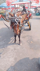 Decorated carriages and colorful street vehicles near Monas, Jakarta