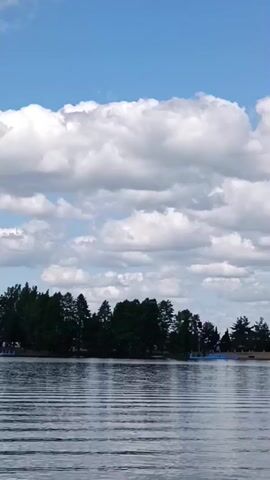 The video shows a body of water with rippling waves under a partly cloudy sky. On the far bank, a dense line of dark green trees forms a natural border. In the distance, small structures, possibly docks or buildings, are visible interspersed with the trees. The water is calm, reflecting the sky and clouds. The overall impression is a serene natural landscape.