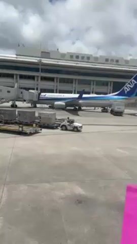 Here is a concise description of the scene in the video:

The video shows an ANA (All Nippon Airways) airplane parked at a gate at the Naha Airport Domestic terminal. There are baggage containers and a small vehicle near the plane. The sky is cloudy. A portion of what appears to be a magenta seat is visible in the foreground, suggesting the view is taken from inside the airport terminal.