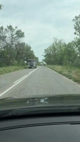 The video shows a first-person perspective from inside a car driving on a straight, two-lane asphalt road. The road is lined with green trees and foliage on both sides under a cloudy sky. Two trucks are seen in the distance heading toward the viewer. One truck, labeled "Белмехс", passes on the left. A silver SUV follows behind, also passing on the left.  The windshield of the car is visible at the bottom of the frame, and appears to be slightly wet.
