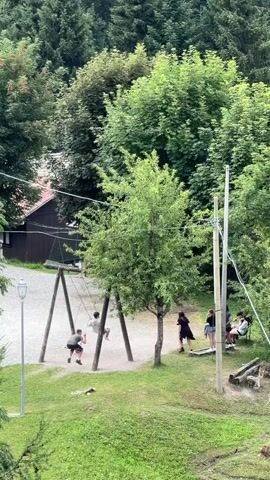 The video shows a playground area with a swing set and a group of people. In the foreground, two individuals are on the swings, one actively swinging and the other appearing to be preparing to swing or having just finished. To the right of the swings, a small group of people, possibly teenagers or young adults, are gathered. One person is standing, looking towards the swings, while two others are seated on a bench. Further in the background, a dark-colored building with a reddish roof is visible, nestled among lush green trees and dense forest. The ground in the playground area is a light-colored sand or gravel, with patches of grass. The overall setting is outdoors, in a natural environment with a significant amount of greenery. The lighting suggests it is daytime, possibly overcast or late afternoon.