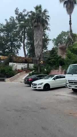 The video shows a parking area in front of a hotel, identified by a sign reading "AL HARAAM HOTEL." Three vehicles are parked: a white Mercedes-Benz sedan, a black sedan, and a white van. Palm trees and other lush greenery are visible, suggesting a warm climate. The sky is overcast, indicating possibly cloudy or rainy weather. A staircase leads up to the hotel entrance. The video appears to be taken from a moving vehicle.