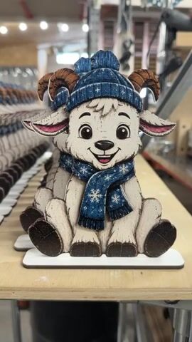 The video shows a close-up view of a decorative wooden cutout of a cartoon goat wearing a blue knitted hat and a blue scarf with snowflakes. The goat is sitting down and smiling. The background is blurry but appears to be a workshop or store with shelves of similar goat cutouts lined up in rows. The lighting is bright and suggests an indoor environment. The camera pans slightly to the left, revealing more of the rows of goat cutouts. The scene is static, with no visible movement other than the camera's slight pan.