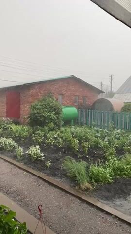 The video shows a blurry outdoor scene during what appears to be a rainstorm. A brick building with a red door is visible on the left. In front of the building is a garden area with various plants and a large green tank. A wooden fence separates the garden from another area with structures in the background. The ground is wet, indicating rain. The overall atmosphere is hazy and obscured by the weather.