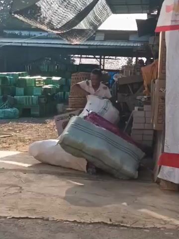 A man is seen on the left side of the frame, wearing a white shirt and dark shorts. He is bending over and appears to be handling a large, white sack. In front of him, there are several other large sacks, one of which is light green with dark stripes. The man is inside what appears to be a covered outdoor area, possibly a warehouse or a market stall. The ground is a rough, concrete-like surface. In the background, there are stacks of green plastic crates, some wicker baskets, and what look like brick materials. A tall, red and white banner hangs on the right side of the frame. The overall lighting suggests it is daytime, possibly with sunlight filtering through the covered structure.