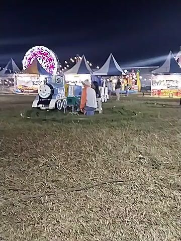 At night, a small, lit-up carnival is in progress. A kid rides a small, blue, Thomas the Train-style train slowly across a grassy field. The train has a small engine, three cars, and lit wheels. An adult helps the child into the train. Tents and strings of lights are visible in the background. A lit-up Ferris wheel is also visible in the background. Other people are walking around the carnival.