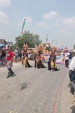 The video shows a parade with three individuals in elaborate costumes walking down a paved road. The costumes are ornate, golden, and appear to represent mythical creatures or figures, with large headdresses and flowing skirts. The individuals are wearing sneakers. They are walking in a line. Onlookers are visible on both sides of the road, some holding umbrellas and taking pictures. Flags and banners are also present along the parade route. The environment appears to be a sunny day in a semi-urban or rural setting with buildings and trees in the background. The road is asphalt and shows signs of wear. There is a red line painted on the road surface.