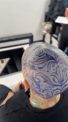 Elaborate floral head tattoo session documented in Sofia