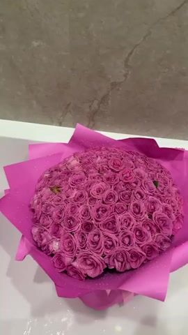 The video shows a large bouquet of pink roses being sprayed with water from a showerhead in a bathroom. The roses are tightly packed together and are covered in water droplets. The bouquet is wrapped in pink paper and placed in a white bathtub. The background is a marble wall. The video appears to be filmed from a top-down perspective.