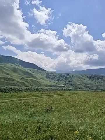 A drone shot pans across a vast, grassy field with rolling green hills and mountains in the background. The sky is a bright blue with scattered white clouds. The field is covered in tall green grass and wildflowers. A dirt path runs through the middle of the field. The mountains are covered in trees and vegetation. The scene is peaceful and serene.