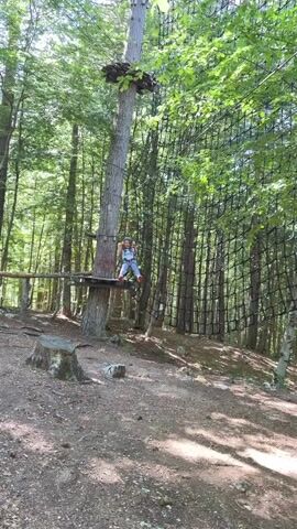 A young girl, approximately 7-9 years old, is the central subject of this vertical video. She is dressed in a white t-shirt, grey leggings, and bright pink sneakers, and wears a light blue helmet. She is secured in a harness with yellow and red accents, resembling a swing or zip-line attachment, and is seen moving between two platforms on trees in a forest.

The video opens with the girl seated on a wooden platform attached to a tree, smiling at the camera. She then launches herself from the platform, swinging through the air suspended by ropes. The camera follows her as she zips past, her legs extended forward. The next shot shows her approaching a tree, where she is caught by an adult woman, likely an instructor or guardian, who helps her land safely on another wooden platform. The woman is dressed in green overalls and a black t-shirt, also wearing a helmet.

The setting is a lush, green forest with tall trees and visible sunlight filtering through the canopy, suggesting a clear and bright day. The ground is covered in dirt and fallen leaves. In the background, a large black net structure is visible, likely part of an adventure park or playground course. Other wooden platforms and rope elements are scattered throughout the trees, indicating a recreational activity area. The overall mood is one of fun and adventure.