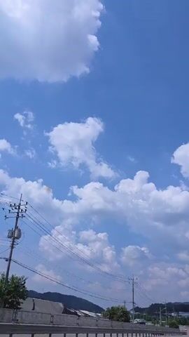 The video is a vertical, POV shot from a moving vehicle on a sunny day. The sky is a vibrant blue with fluffy white clouds. Utility poles with many wires run alongside the road. There are also some trees and buildings in the distance. The road is paved with white lane markers. The video moves from left to right to follow the road.