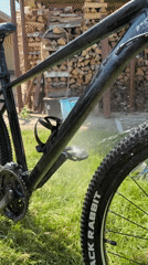 Boy washes bicycle in Chaikovsky yard amid spring flowers
