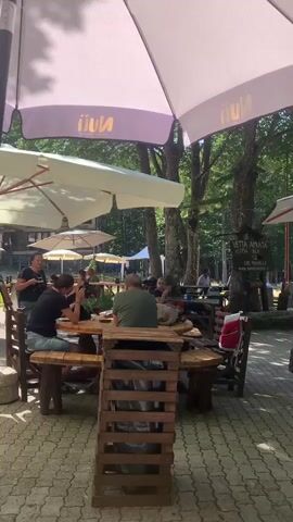 The video shows an outdoor seating area with wooden tables and chairs under large umbrellas. Several people are seated at the tables, some eating and talking. In the background, there is a playground with colorful equipment and trees. There are also some parked cars visible. The overall atmosphere appears to be relaxed and casual, suggesting a cafe or restaurant in a natural setting.