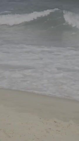 The video shows a calm ocean with gentle waves. The water is a light blue-green color, and the sky is a hazy gray. In the distance, several people are swimming in the ocean. The foreground is filled with foamy waves breaking on the shore.
