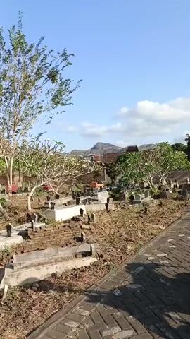 A handheld video pans across a graveyard under a clear blue sky. The graveyard appears to be on a slight incline, with many tombstones and graves visible. Some graves are marked with simple upright stones, while others are enclosed by concrete or stone structures. The ground is covered in dry grass and leaves, with some scattered debris. Several trees are present throughout the graveyard, some with sparse foliage and others with fuller canopies. In the background, there are some buildings and a hill or mountain range. The video is shot from a low angle, looking up towards the sky. The overall impression is one of a somewhat overgrown and aged cemetery bathed in natural light.