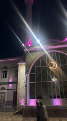 Makhachkala's Great Mosque glows at night amid festive street lights