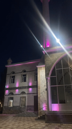 Makhachkala's Great Mosque glows at night amid festive street lights