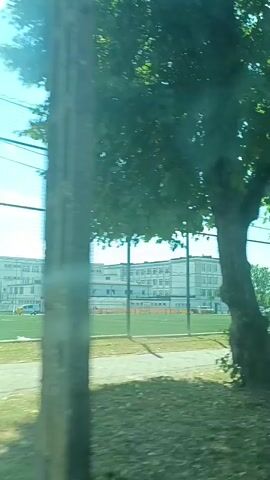 The media file shows a view from a moving vehicle, likely a car, in Ostrów Mazowiecka, Poland. The scene is characterized by a bright, sunny day with a clear blue sky dotted with scattered white clouds, suggesting warm weather. The primary subjects are trees with lush green foliage, a large building with a light-colored facade and multiple windows, a fenced area that appears to be a sports field or court, and a paved path or road.

The activity depicted is travel or transit, as indicated by the blurred foreground and the continuous movement of the scenery. The building in the background suggests an institutional or commercial setting, possibly a school, sports complex, or community center. The presence of a sports field and fence points towards recreational or athletic facilities. The time of day is clearly daytime, with strong sunlight casting shadows and creating a bright atmosphere. The overall mood conveyed is one of a pleasant, ordinary day in a semi-urban or suburban environment. No people are clearly visible as subjects, but the setting implies potential human activity within the buildings or on the fields. No text is legible in the media file.