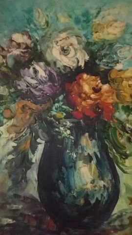 The video shows a painting of flowers in a vase, framed in an ornate gold frame. The flowers are white, purple, red, and yellow. The vase is dark blue. The background is a mix of green and blue. The painting appears to be done in an impressionistic style. The camera pans out to show the whole frame hanging on a wall.