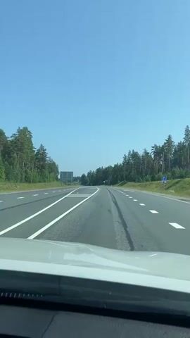 The video shows a view from the perspective of someone inside a vehicle, looking forward on a two-lane highway. The sky is clear and blue. On either side of the highway, there are dense forests of pine trees. The road has white lane markings. There are signs visible in the distance, including what appears to be a large blue sign on the left and a round speed limit sign on the right. The road surface appears to be asphalt, with some areas showing signs of wear. The vehicle is moving forward, indicated by the slight shifts in perspective between frames.