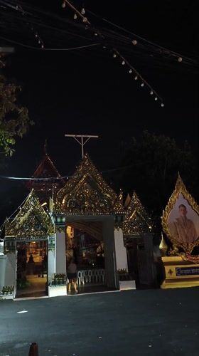 Woman and cat spotted near ornate temple gate in Bangkok