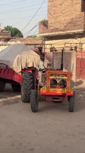 Pakistani street life: goats feeding, decorated tractor in residential areas