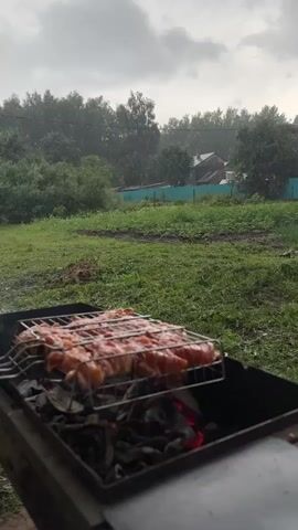 The video shows raw chicken pieces in a metal grill basket placed over hot coals in a barbecue grill. The grill is set in an outdoor setting with a grassy yard. In the background, there are trees, a turquoise fence, and a house. The sky is overcast and it appears to be raining, with visible streaks of rain falling. The overall scene suggests a casual outdoor meal being prepared in a rural or suburban environment in Russia. The time of day appears to be daytime, given the ambient light. There is no visible text in the video.