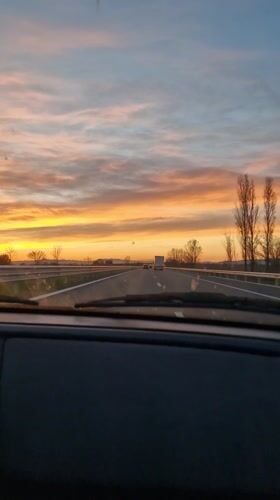 Sunset highway drive recorded near Dobrovnitsa, Bulgaria