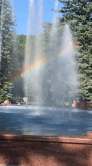 Afternoon scenes capture fountains, monuments, flowers in urban square