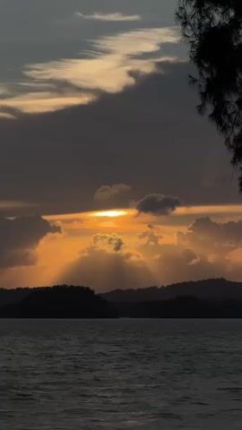 A vertical video displays a sunset over a body of water. The sun is visible through dark clouds, casting rays of light downwards. Silhouetted hills form the horizon. The water in the foreground is dark and choppy, reflecting the dim light. A dark tree branch extends into the frame from the top right corner.