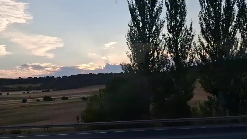 The video shows a time-lapse of a sunset viewed from a moving vehicle, likely a car or bus, on a highway. Tall, dark trees line the left side of the frame, their silhouettes stark against the colorful sky. The sun is setting behind scattered clouds, casting rays of light through them. The landscape features rolling hills covered in dry grass and scattered trees. The road surface is visible in the foreground, indicating the perspective of someone traveling. The sky transitions from a lighter blue to hues of orange, pink, and yellow as the sun descends.