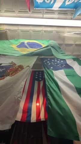 The video shows an indoor scene with multiple flags hanging from the ceiling. The flags are positioned at different angles and overlap each other. From top to bottom, and left to right, we can see parts of the Brazilian flag (green with a yellow diamond and blue circle), a white flag with a red and gold emblem, a flag that appears to be an older version of the American flag with thirteen stars in a circle, and a green and white striped flag. There is a light fixture hanging from the ceiling between the flags. The ceiling itself has a textured, grid-like pattern.