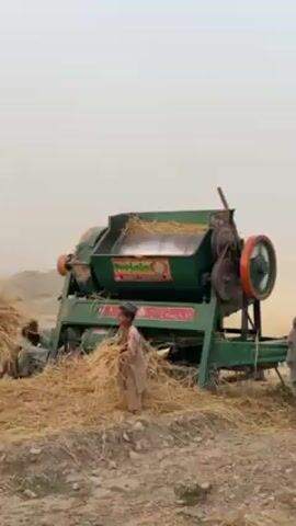 The video depicts an outdoor scene in 'Alaqadari Daman, Afghanistan, focused on agricultural work. The primary subject is a large, green threshing machine, likely used for wheat, with a prominent red flywheel on its right side and orange accents. The machine has an opening where bundles of straw are fed.

Several individuals are involved in the activity. In the foreground, a man, dressed in traditional clothing including a turban, actively feeds large armfuls of harvested straw into the machine's intake. The machine is operational, indicated by the considerable dust and chaff being expelled, creating a hazy, dusty atmosphere around it. Standing near the machine, in front of the man feeding it, is a young child also holding a bundle of straw, observing the process. Another man is partially visible sitting on the ground to the left of the machine.

The scene is set outdoors in what appears to be a dry, open field or work area. The sky is a uniform, light, hazy gray or off-white, suggesting a dusty environment or an overcast day. Piles of processed straw are accumulating around the machine.

Visible text on the side of the green machine includes the word "Patiala" in white letters within a red oval, and below it, text in what appears to be Urdu or Pashto script, likely the same name "پٹیالہ". The overall impression is one of hard manual labor involved in post-harvest processing in a rural setting.