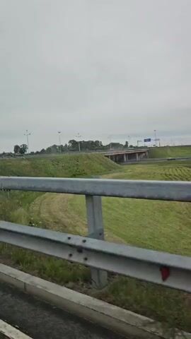 A car's dashcam footage shows a view from a highway overpass. The foreground is dominated by a metallic guardrail, with a concrete barrier below it. Beyond the guardrail, a vibrant green, manicured lawn slopes downwards. In the mid-ground, a smaller road or ramp curves away, with another overpass visible in the distance, crossing the main highway. The landscape is relatively flat with a few scattered trees and utility poles. The sky is overcast with a light grey hue, suggesting a cloudy or dull day. The overall impression is of a modern infrastructure environment, likely a highway interchange in a rural or suburban setting. There are no people visible in the footage. The time of day appears to be daytime due to the lighting conditions. There is no discernible text within the frame.