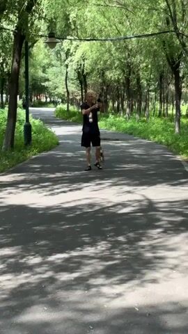A man in a dark t-shirt and shorts walks along a paved path in a park, holding a bottle of water and a cell phone. A small tan dog with a short tail trots beside him. The path is bordered by grass and trees, with sunlight casting dappled shadows on the ground. The man appears to be talking on his phone or taking a selfie. The dog is energetic and appears happy.