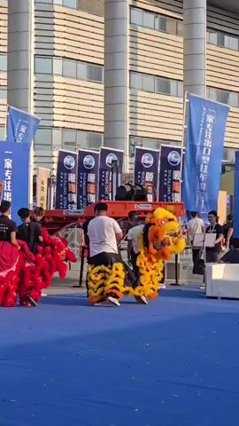 In an outdoor setting with a modern building in the background, a group of people are gathered on a blue carpet. Two individuals are dressed in elaborate lion costumes, one red and one yellow and orange, performing what appears to be a traditional lion dance. Several people in white dresses are also present, possibly dancers or performers. Other individuals, dressed in casual clothing, are observing the performance. Red and white signs with Chinese characters are visible, some held by participants. The overall atmosphere suggests a cultural event or celebration.