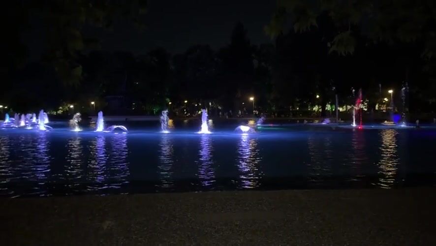 Plovdiv at night: colored fountains and ancient Roman ruins