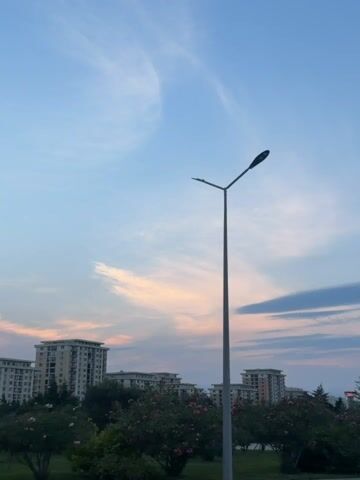 The video is a low-angle shot of a street light against a sky with wispy clouds. In the background, there are several multi-story buildings and lush green trees with pink flowers. The lighting suggests it's either dawn or dusk. There are no people or animals visible in the frame, and no discernible actions or interactions are taking place. The environment appears to be an urban or suburban area with a park-like setting.