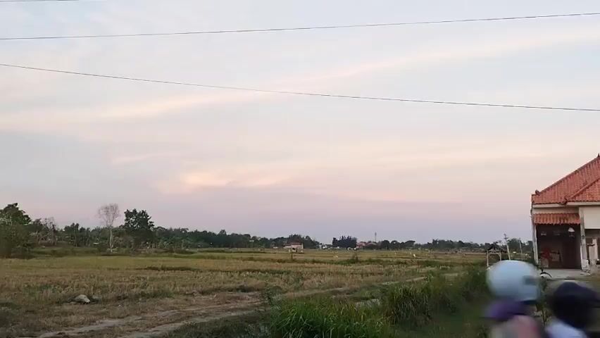 The video begins with a blurry shot of a rural landscape, focusing on a house with a red tile roof in the distance. As the video progresses, the image sharpens, revealing more details of the house and its surroundings. The house appears to be a single-story structure with a beige facade and white trim around the windows. A small covered porch is visible in front of the entrance. To the left of the house, a field of dry grass and some sparse vegetation stretches towards a line of trees in the background. The sky above is a pale pink and white, suggesting either sunrise or sunset. To the right of the main house, another house with a similar red tile roof is partially visible. A few birds are seen scattered across the field. The video appears to be shot from a moving vehicle, as evidenced by the slight camera shake and the progression of the scene. There are no visible people in the frame. The overall atmosphere is tranquil and serene, depicting a quiet rural setting.