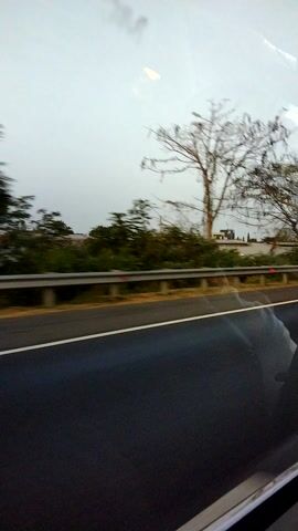 The video shows a view from a vehicle moving alongside a road. On the left is a blurred landscape with trees and a building. On the right is the dark road, with a white line marking the edge. The sky is overcast. The perspective suggests the camera is looking out of a window. There are no people visible in the video. The overall impression is of travel.