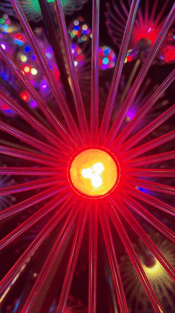Visitor documents colorful dandelion light sculptures in Krasnodar park