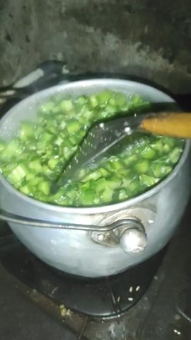 This media file shows a close-up, overhead shot of a pot of chopped green vegetables, likely being cooked. The pot is made of aluminum and appears to be sitting on a stovetop, possibly an outdoor stove given the rough, dark background. Steam rises from the pot, indicating the contents are hot and cooking. A wooden utensil with a metal spatula head is being used to stir the vegetables. The vegetables are cut into small, uniform pieces. The scene is dimly lit, suggesting it might be nighttime or an indoor setting with poor lighting. The overall impression is one of preparing a meal, possibly a traditional dish given the rustic setting. There is no visible text in the media file.