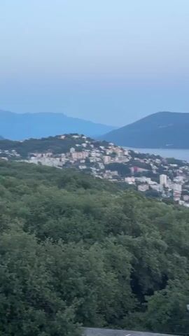 This media file is a vertical, handheld video capturing a panoramic view of a coastal town nestled against rolling hills and a calm sea. The time of day appears to be either early morning or late evening, with a soft, diffused light and a pale blue sky. 

The scene is dominated by a dense expanse of lush green trees in the foreground, suggesting a natural, possibly mountainous, landscape. Beyond the trees, the town unfolds, a dense cluster of white and light-colored buildings with red-tiled roofs, cascading down the hillside towards the water. The architecture suggests a Mediterranean or European coastal style. 

The sea is a tranquil expanse of muted blue, dotted with a few small boats, indicating a harbor or bay. In the distance, more hills and mountains rise, their forms softened by the atmospheric haze. The overall impression is one of peacefulness and natural beauty. There is no visible text in the video.