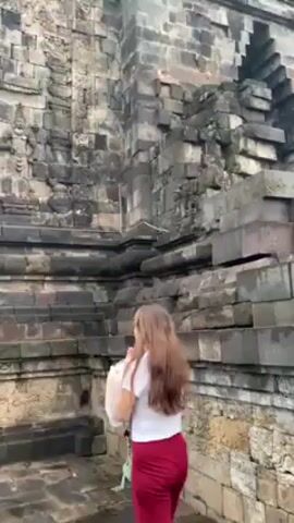 Here is a detailed description of the video:

The video shows the exterior of a large stone building. The building appears to be made of large, dark grey blocks. These blocks are stacked on top of each other to create the structure, which looks like an ancient temple. The blocks show signs of age and weathering, with some covered in moss or having uneven surfaces. There is carving or relief sculpture on the side of the building.

In the foreground, a woman is walking around the temple. She has long brown hair and is wearing a white shirt and red pants. In her hand, she holds a white plastic bag.

The camera follows her as she walks around the temple. The camera zooms in on the stone blocks and the relief carvings, providing a closer look at the temple's architecture. The weather appears to be overcast or a bit cloudy, casting a soft light on the scene.