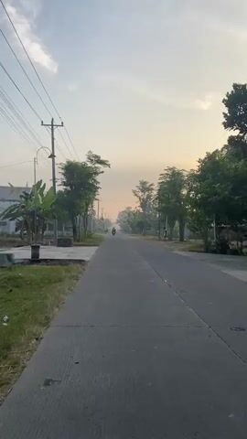 A vertical shot captures a desolate road at dawn. The sky is a hazy gradient of pale blue and orange, with wispy clouds. Tall trees line both sides of the asphalt road, casting long shadows. A single figure on a motorcycle is visible in the distance, heading away from the camera. The road itself appears cracked and weathered, with a sidewalk running alongside it on the left. Power lines are strung overhead. The general atmosphere is quiet and rural, with a hint of mist rising from the ground. The video pans slightly to the right, revealing more of the vegetation and a few simple houses on the right side of the road. The sun is just beginning to rise, casting a warm glow and creating lens flare effects. The shot ends with a close-up of a motorcycle's side mirror.