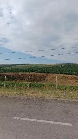 The video shows a landscape with rolling hills covered in green vegetation. In the foreground, there is a paved road with a white line. There is a simple fence made of wooden posts and wire, with some dry grass and weeds growing around it. In the distance, there are power lines running horizontally across the sky. The sky is cloudy with patches of blue visible. The overall impression is of a rural or agricultural area. The video is very shaky and appears to be filmed from a moving vehicle.